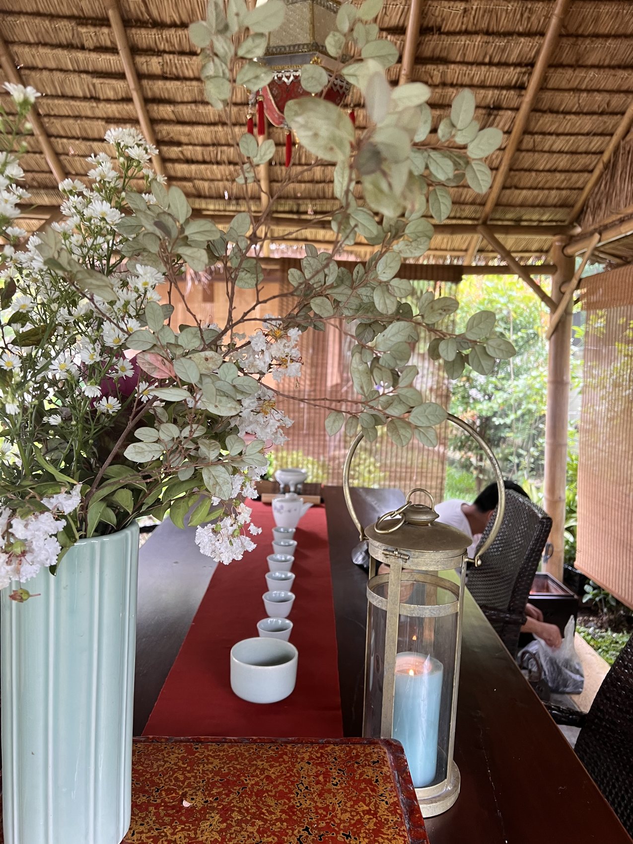Flowers on the tea table in the pavilion