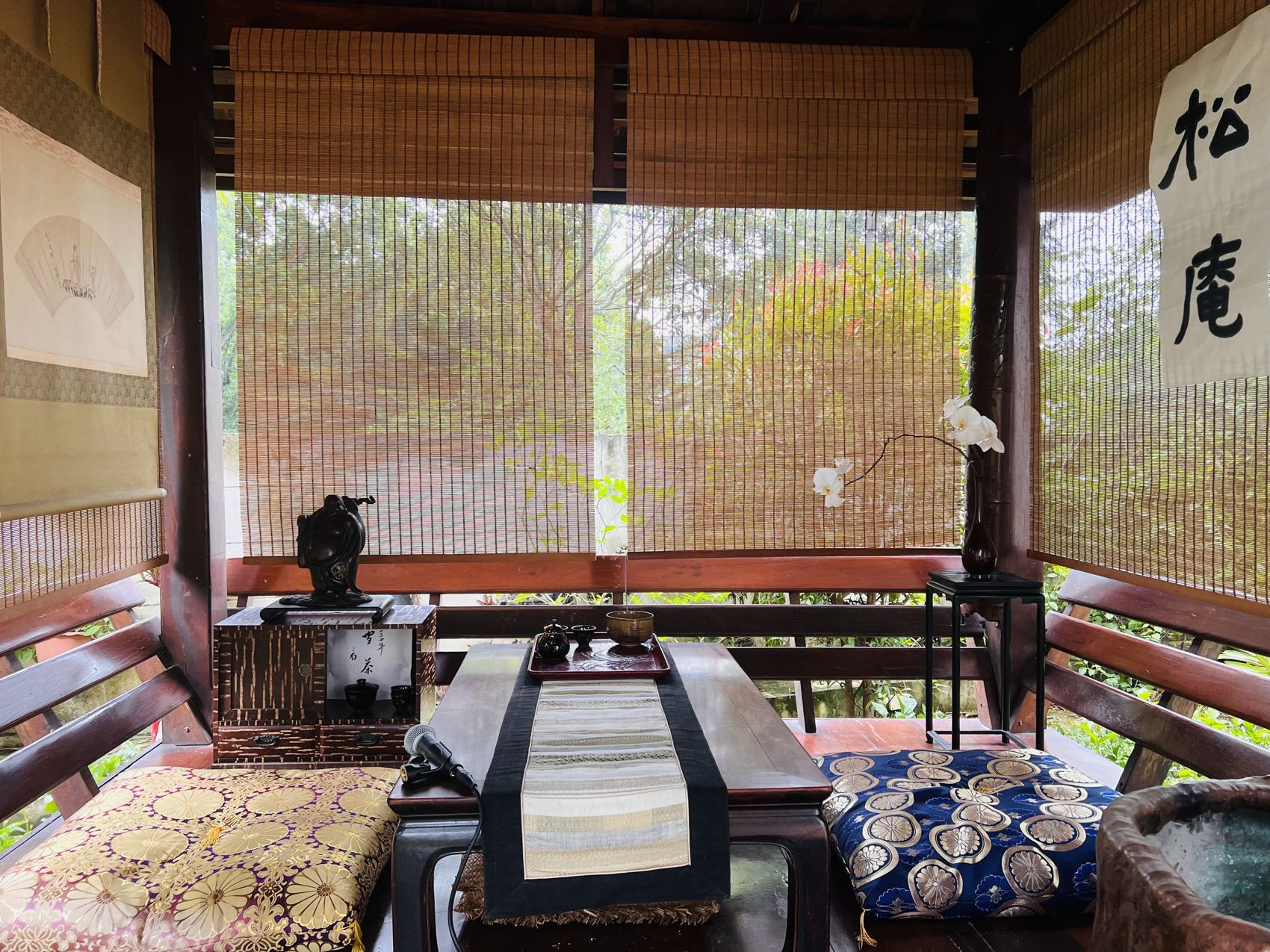 The tea room with blinds drawn