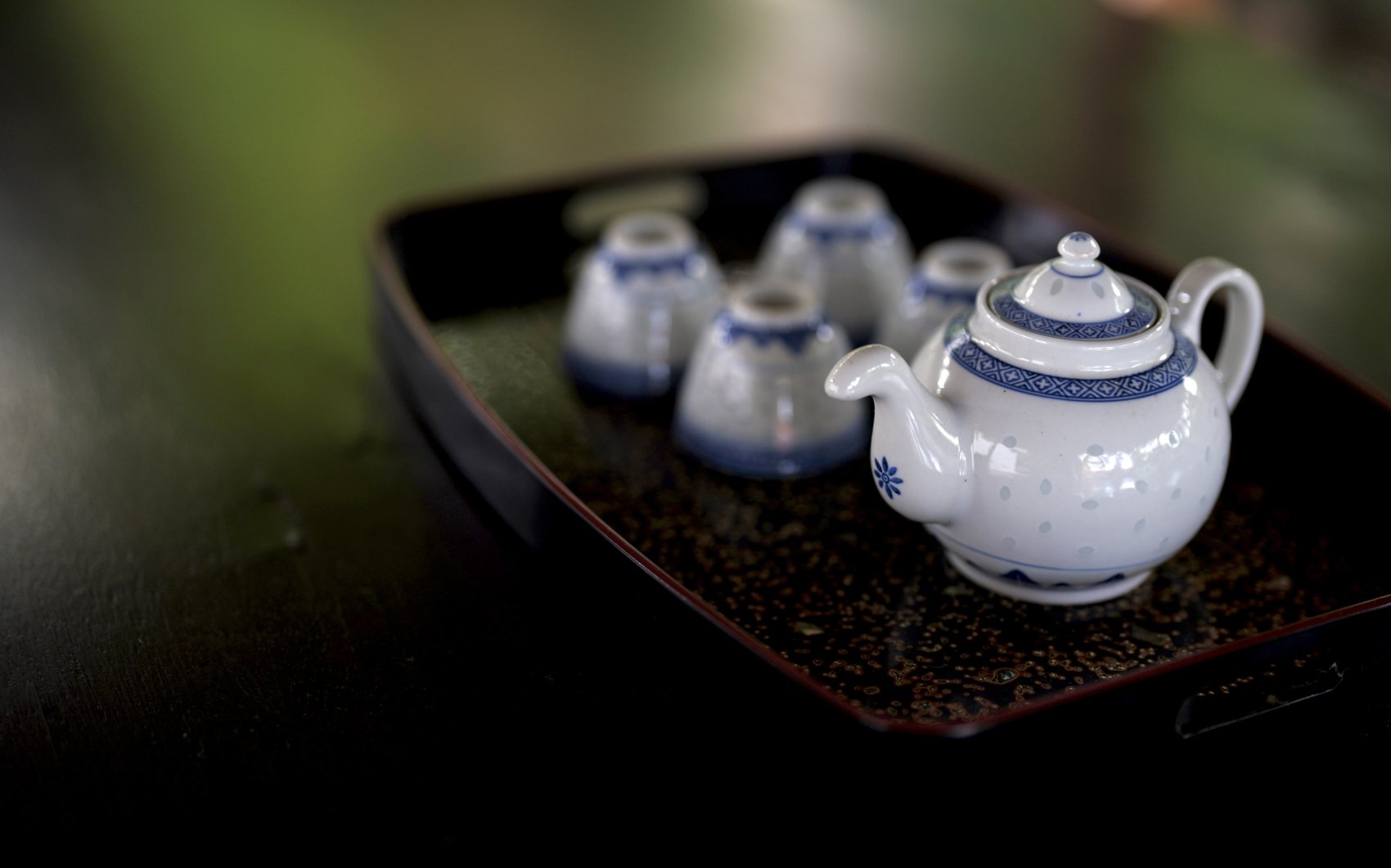 Blue-and-white on a lacquer tray
