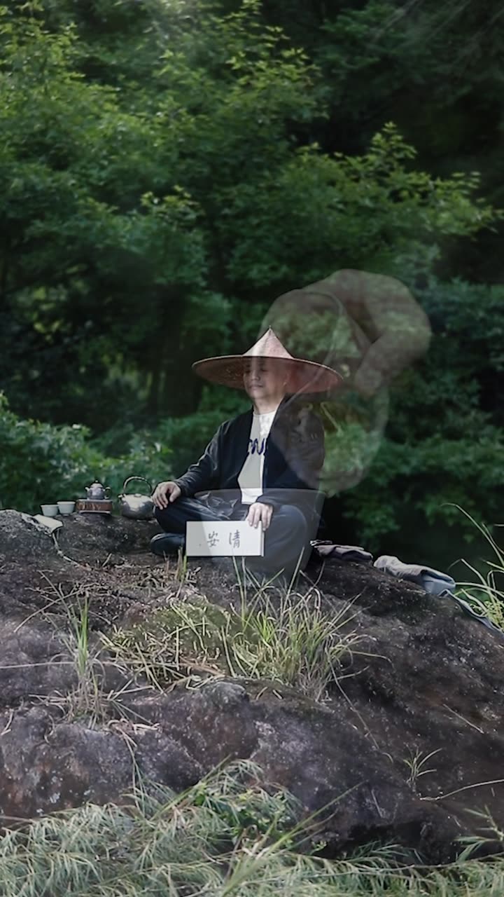 Pouring tea on the mossy rocks by the creek
